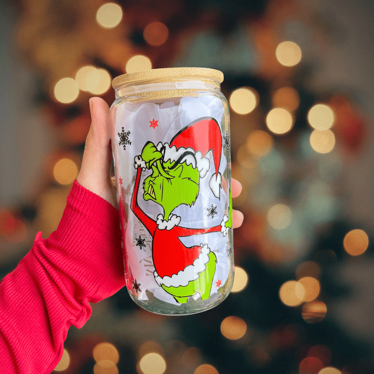 Grinch 16oz Glass Tumbler with Lid & Straw