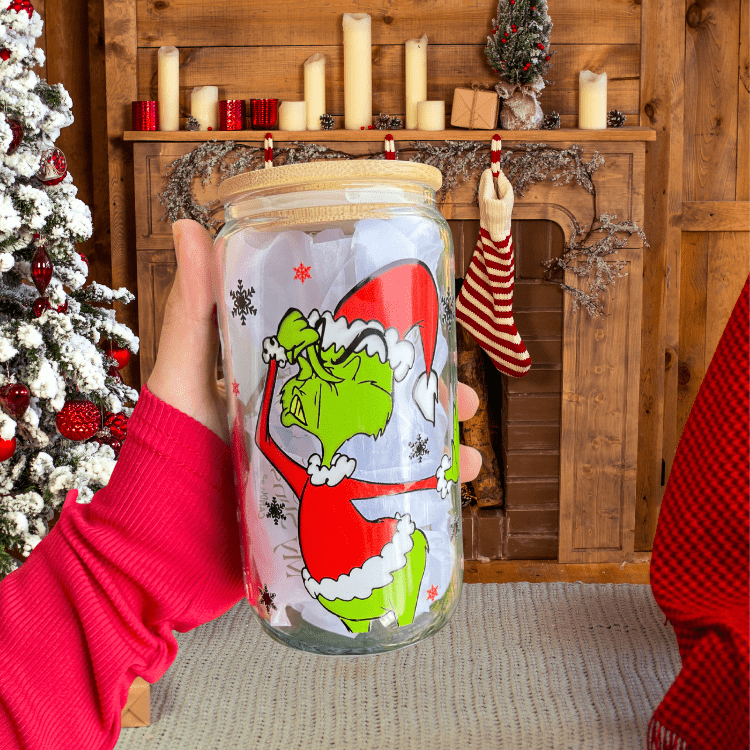 Grinch 16oz Glass Tumbler with Lid & Straw
