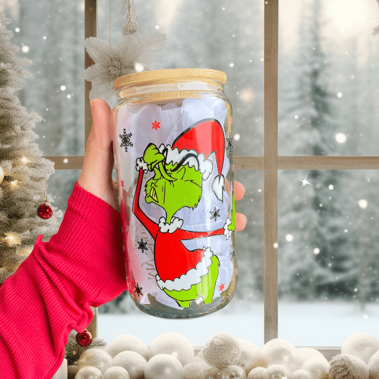 Grinch 16oz Glass Tumbler with Lid & Straw