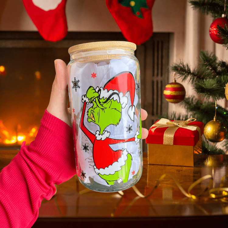 Grinch 16oz Glass Tumbler with Lid & Straw