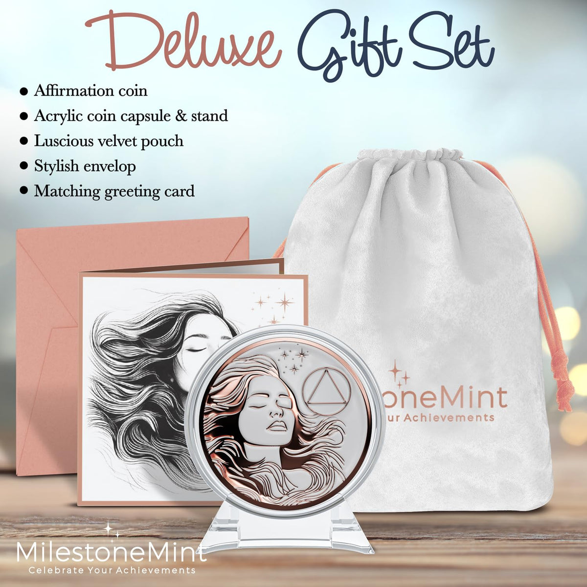 Woman's Serenity Token Sobriety Coin Gift Set Rose Gold