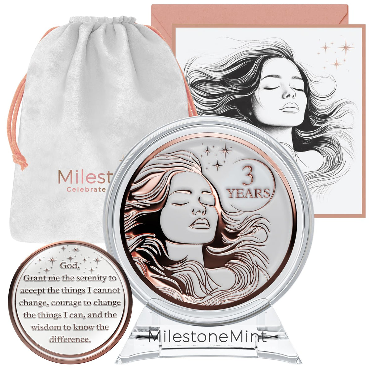 Woman's Serenity Token Sobriety Coin Gift Set Rose Gold