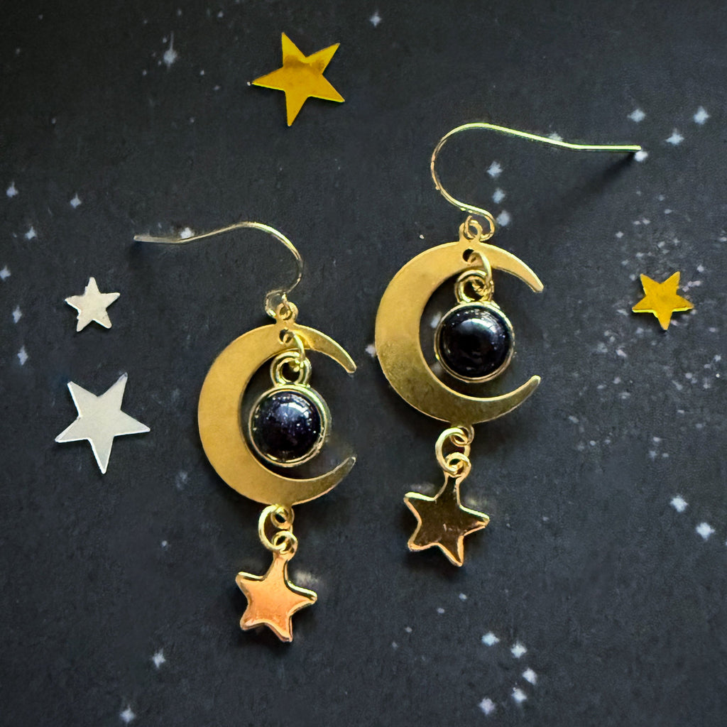 Blue Sandstone Crescent Moon Earrings