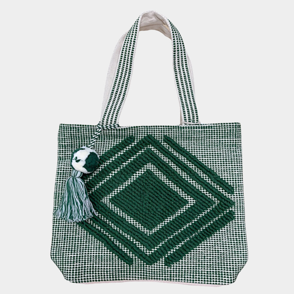 Boho Patterned Pom Pom Tote