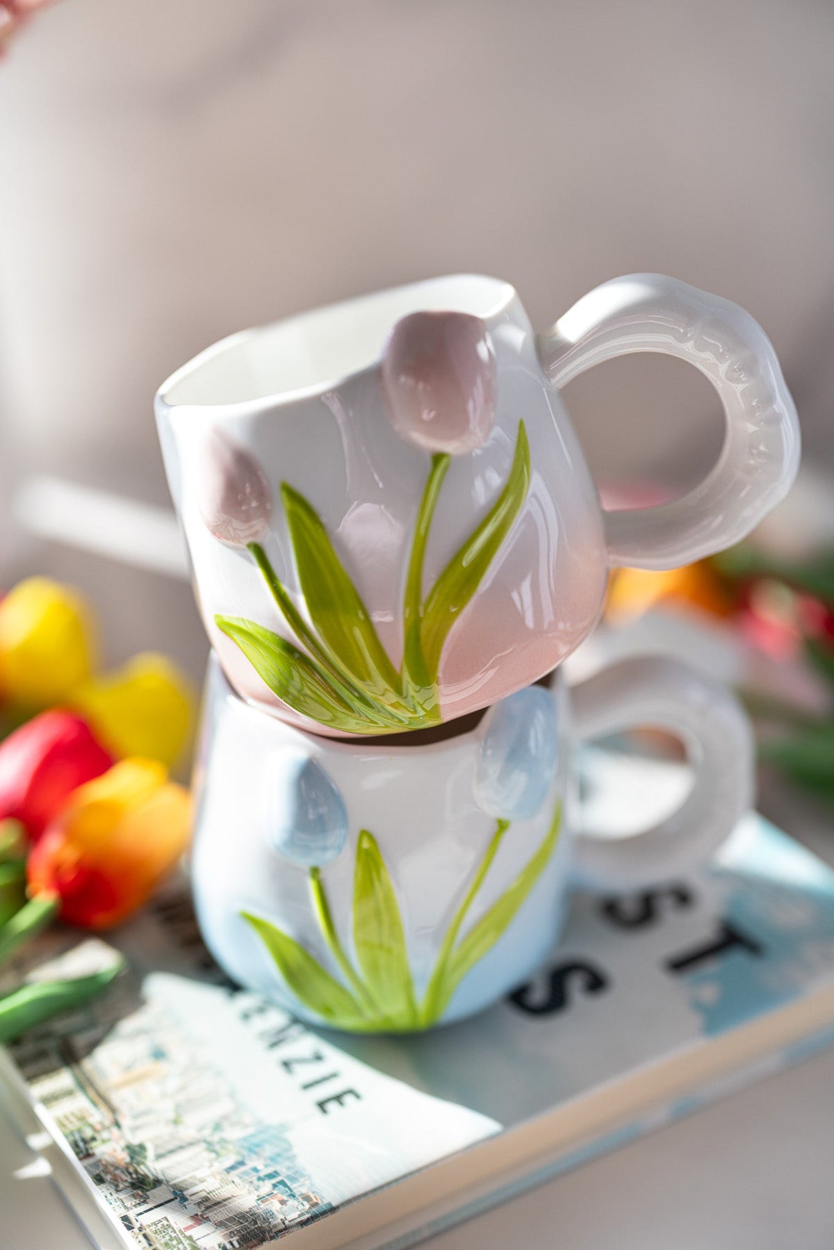Hand-Painted Tulip Ceramic Mug | Pink, Blue or Yellow