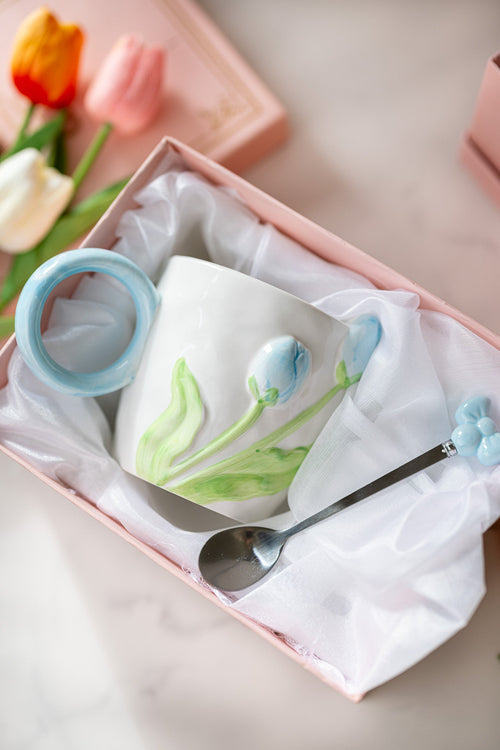 3D Tulip Ceramic Mug & Spoon Gift Set | Hand-Carved Floral Coffee Cup