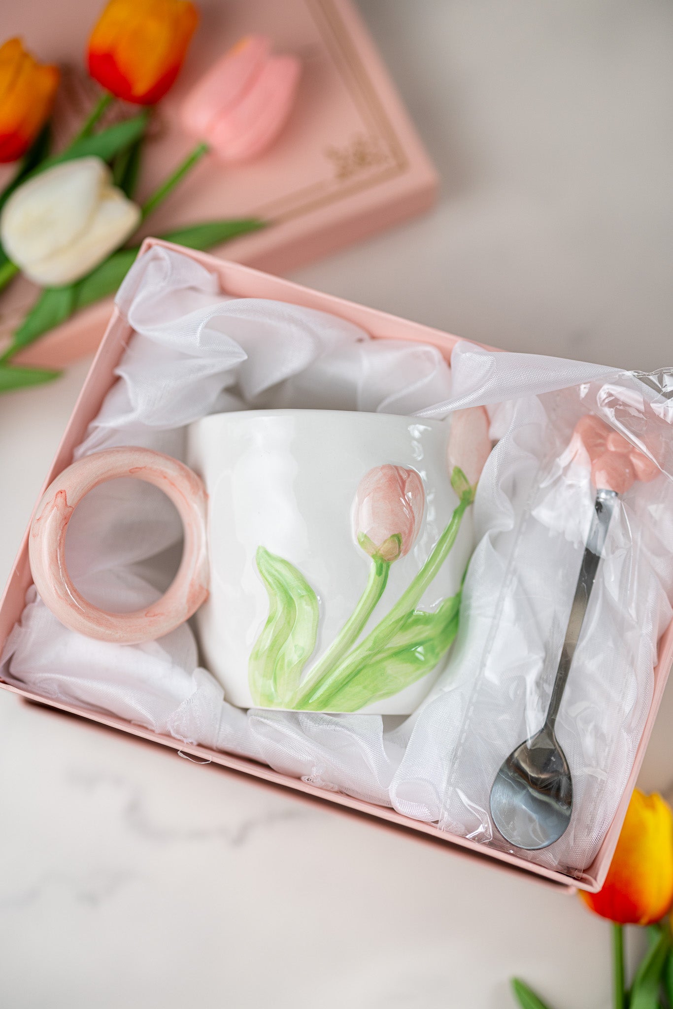 3D Tulip Ceramic Mug & Spoon Gift Set | Hand-Carved Floral Coffee Cup