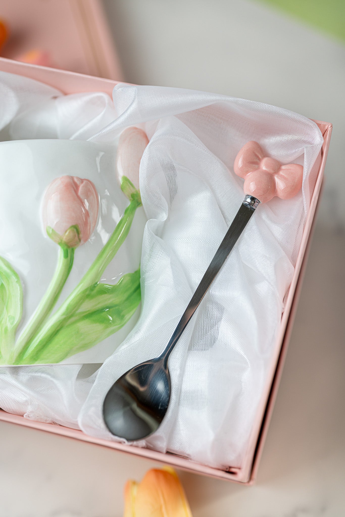3D Tulip Ceramic Mug & Spoon Gift Set | Hand-Carved Floral Coffee Cup