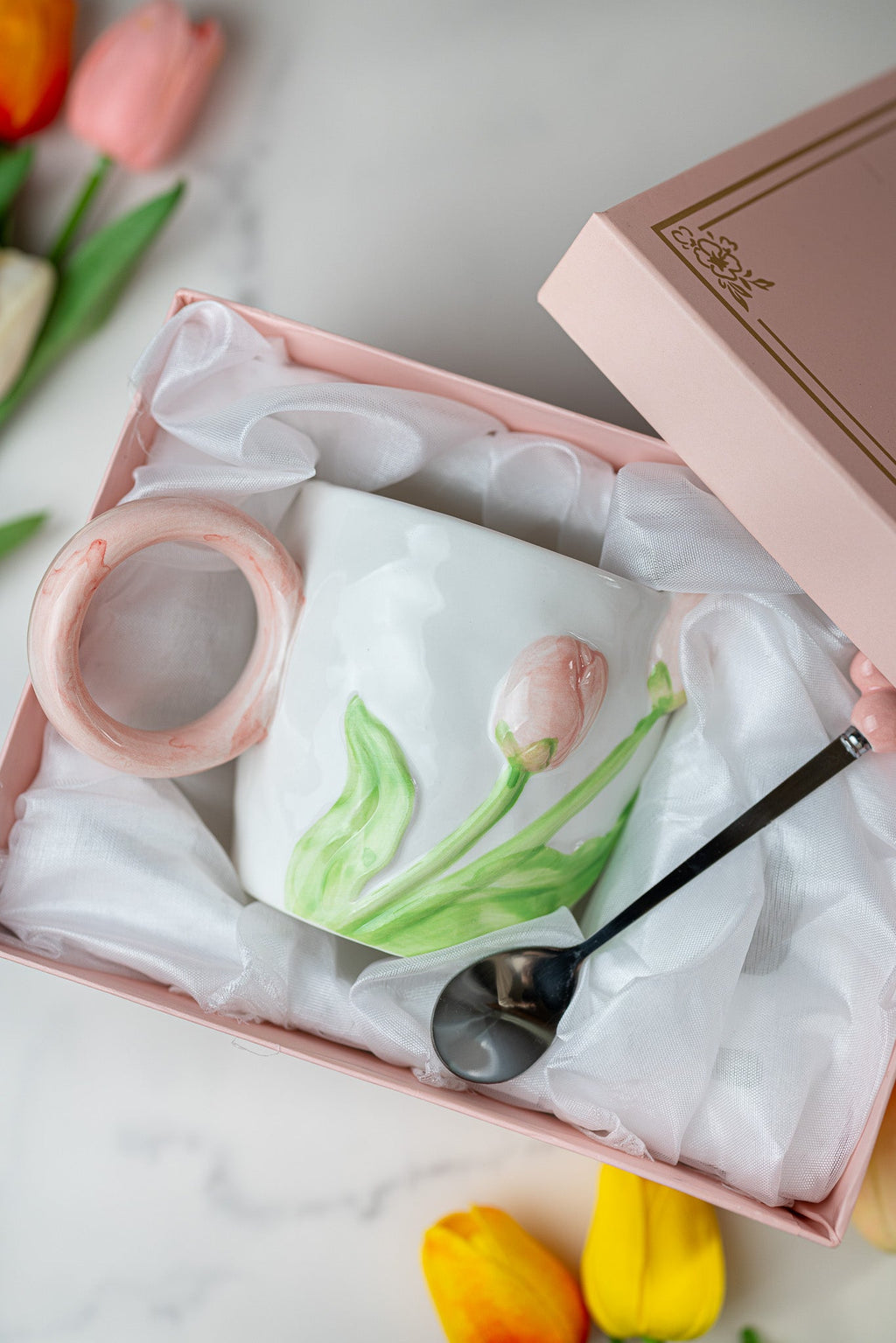 3D Tulip Ceramic Mug & Spoon Gift Set | Hand-Carved Floral Coffee Cup