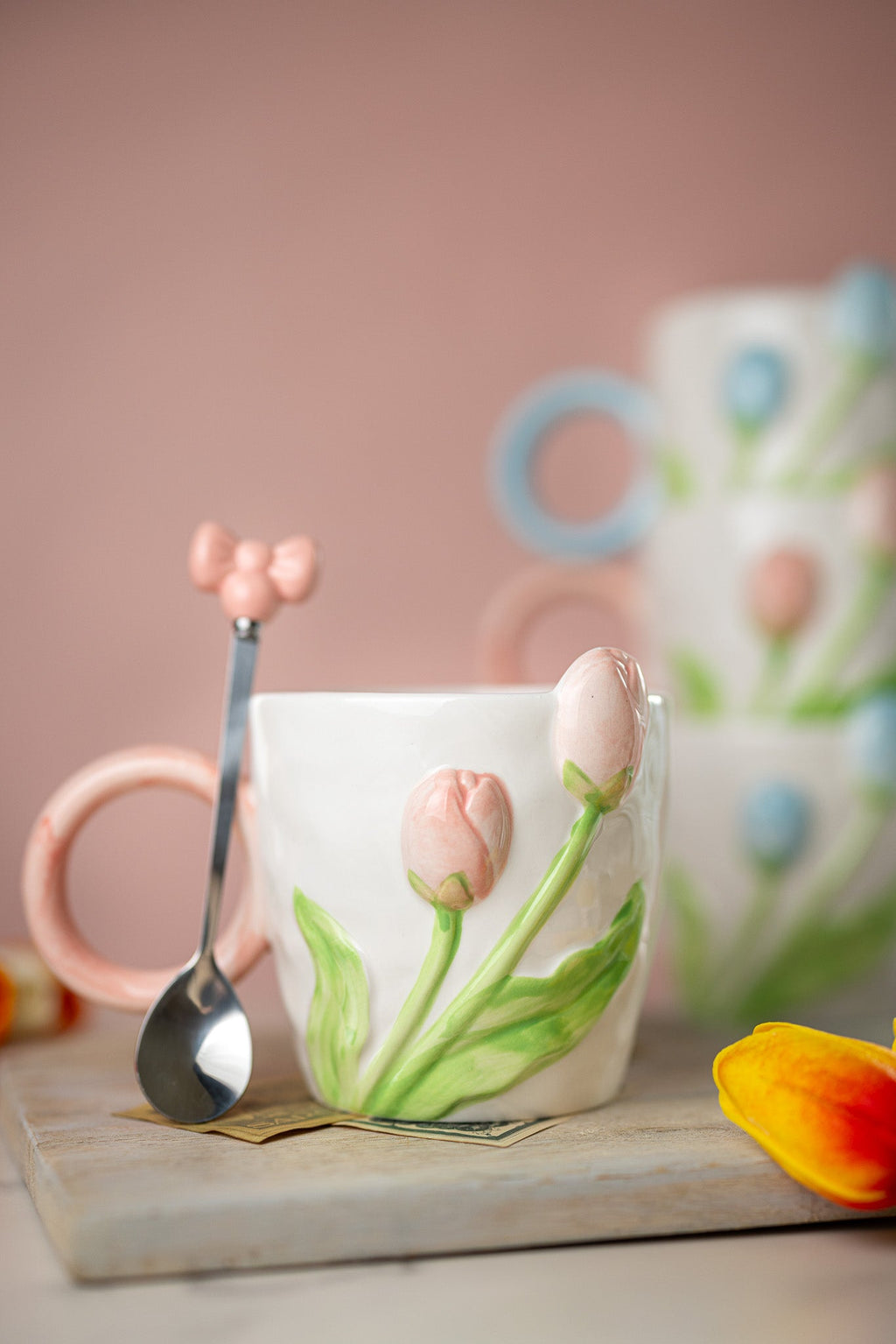 3D Tulip Ceramic Mug & Spoon Gift Set | Hand-Carved Floral Coffee Cup