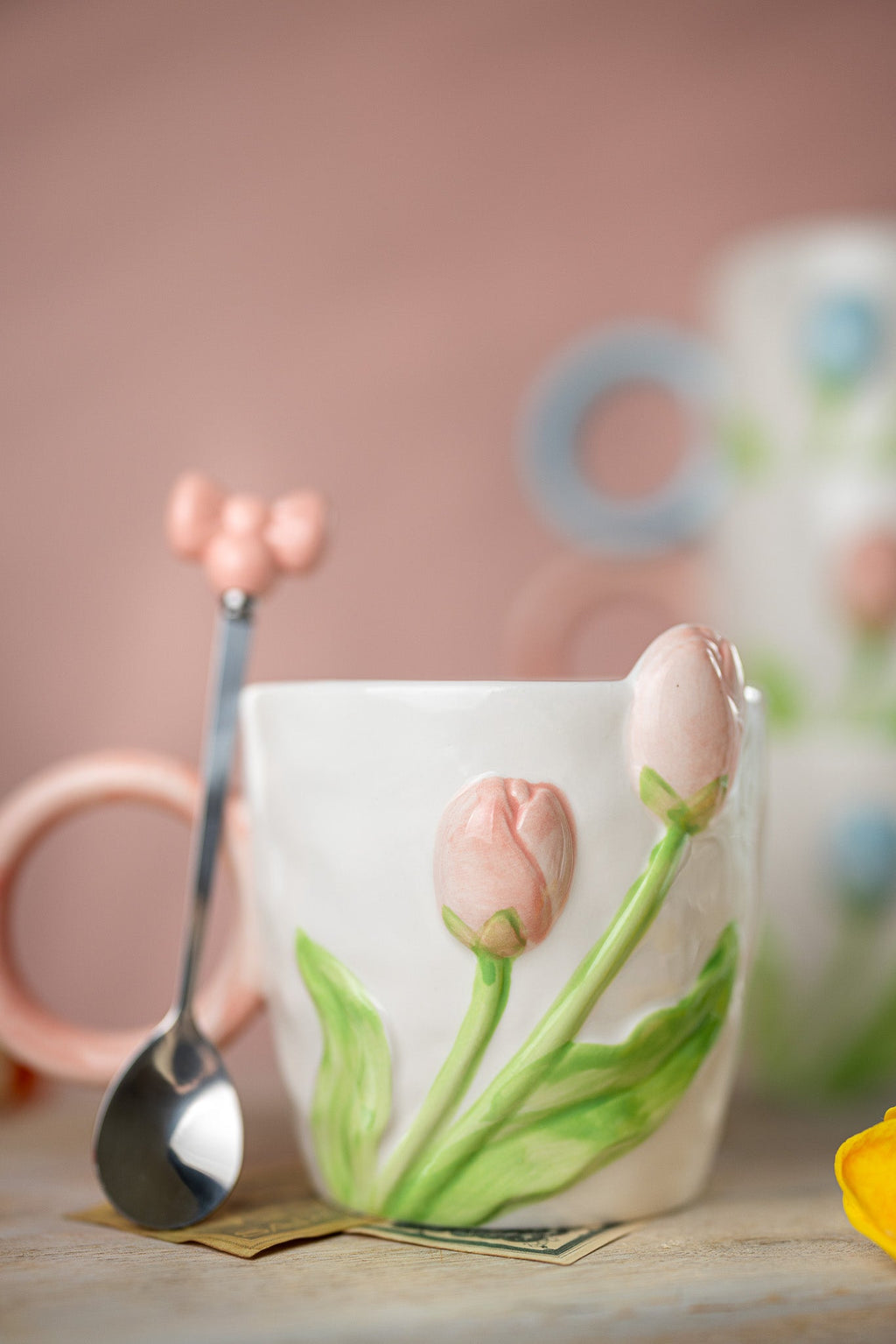3D Tulip Ceramic Mug & Spoon Gift Set | Hand-Carved Floral Coffee Cup
