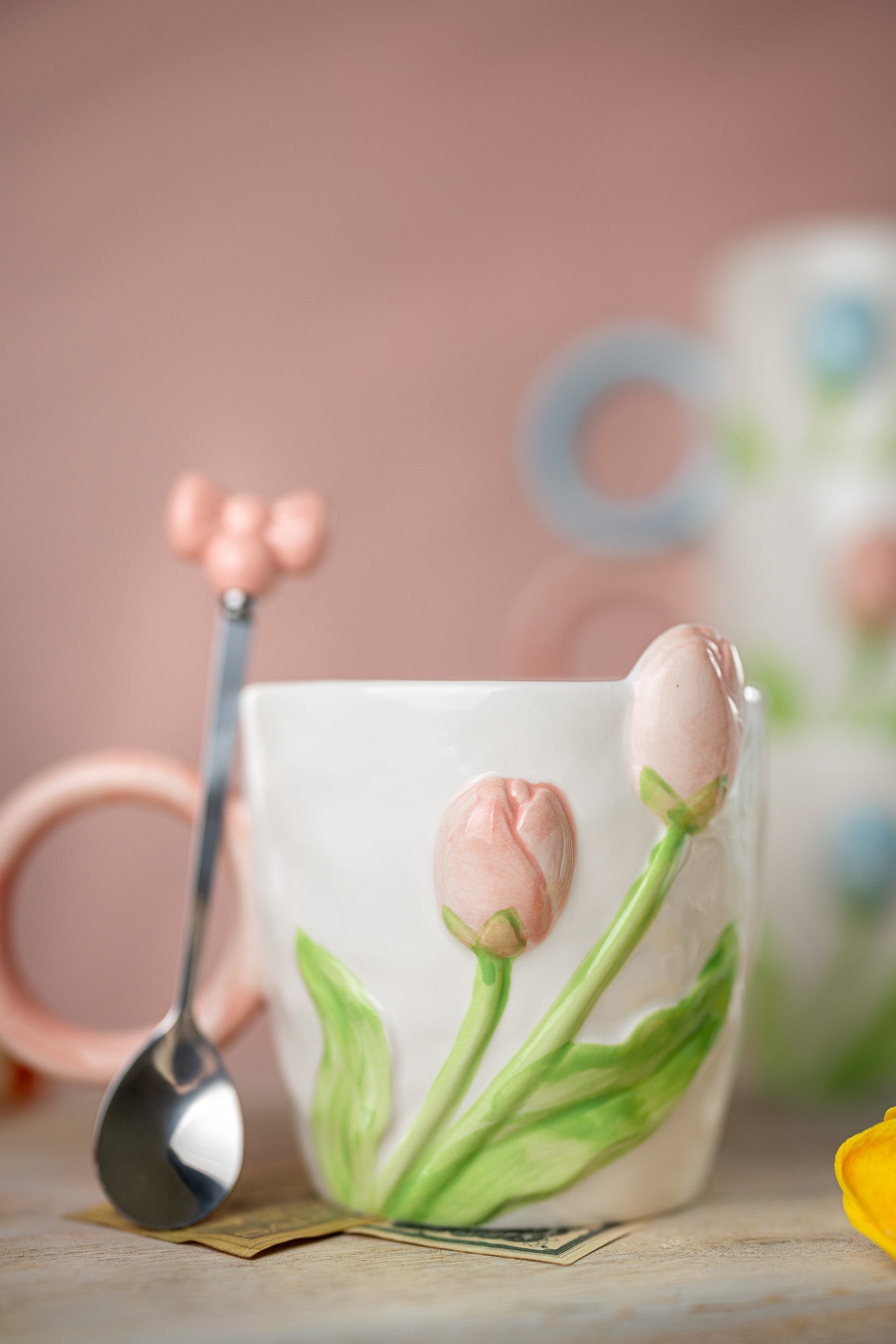 3D Tulip Ceramic Mug & Spoon Gift Set | Hand-Carved Floral Coffee Cup