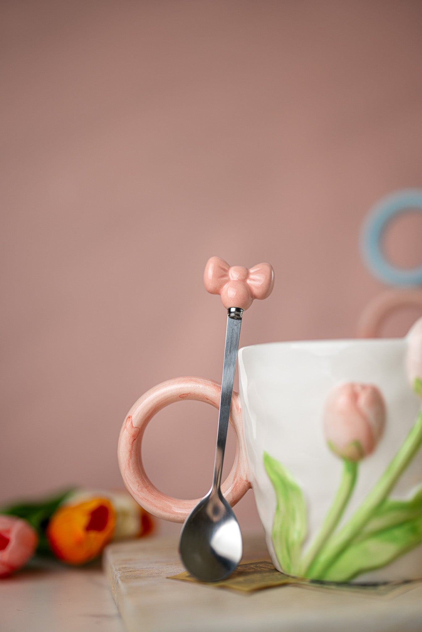 3D Tulip Ceramic Mug & Spoon Gift Set | Hand-Carved Floral Coffee Cup