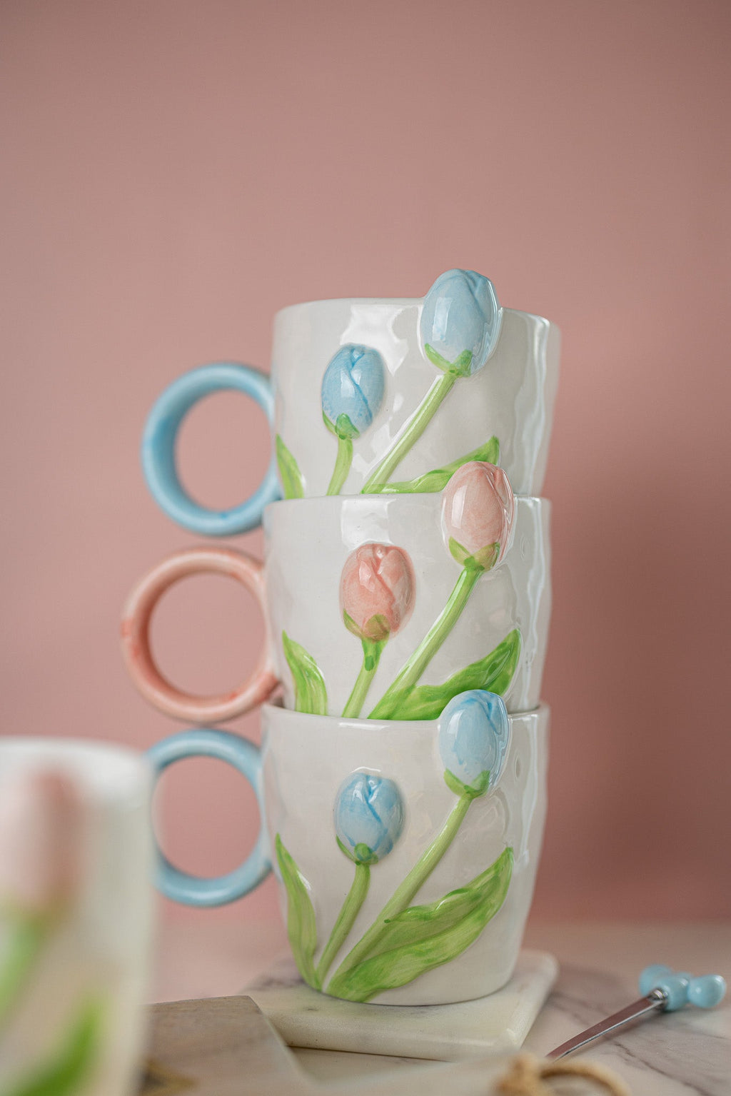 3D Tulip Ceramic Mug & Spoon Gift Set | Hand-Carved Floral Coffee Cup