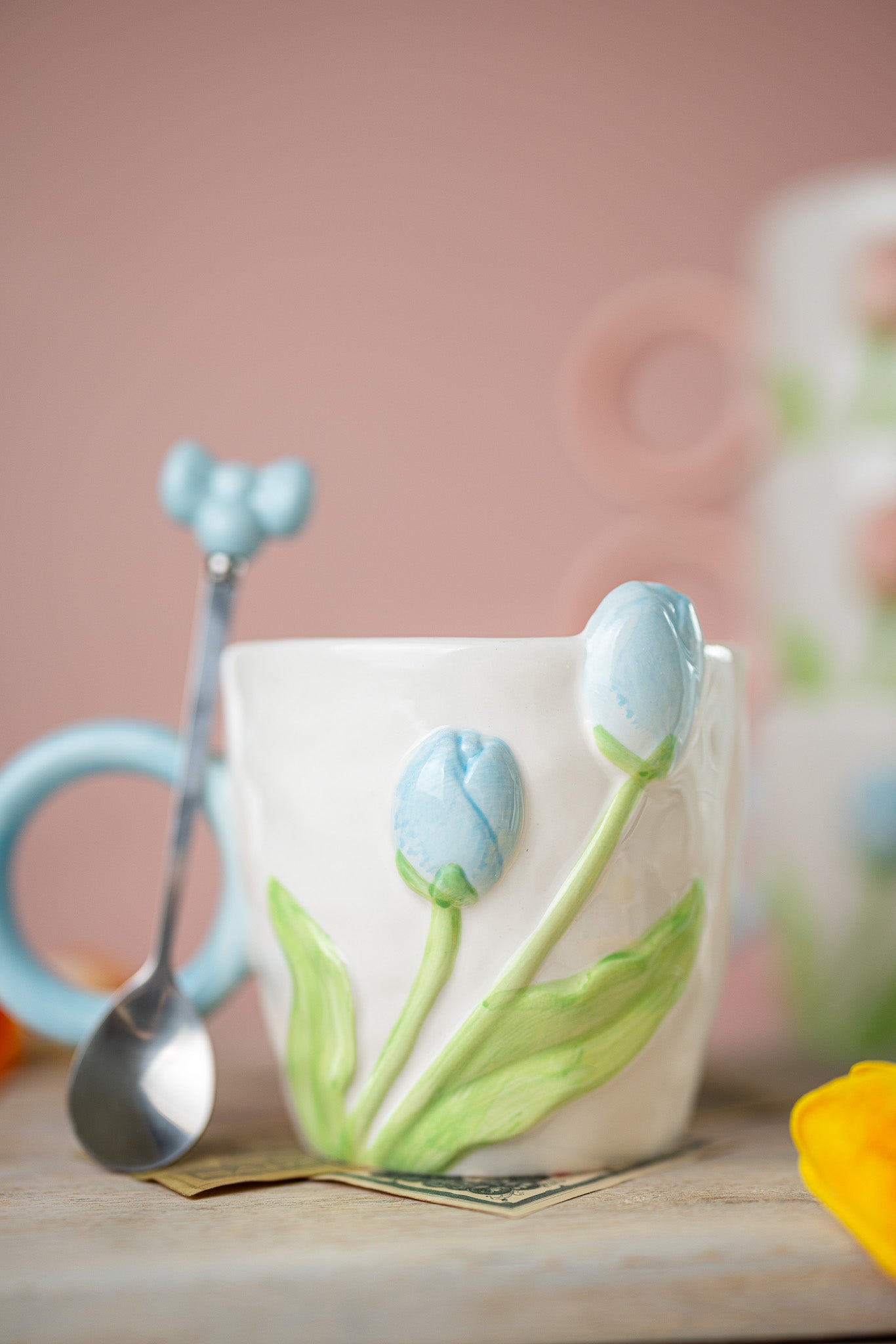 3D Tulip Ceramic Mug & Spoon Gift Set | Hand-Carved Floral Coffee Cup