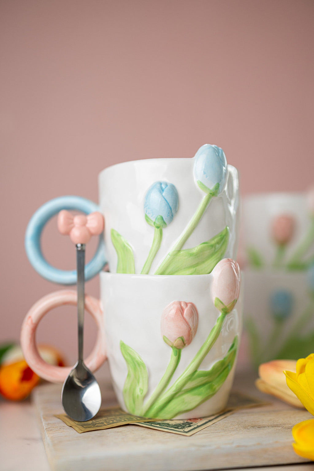 3D Tulip Ceramic Mug & Spoon Gift Set | Hand-Carved Floral Coffee Cup