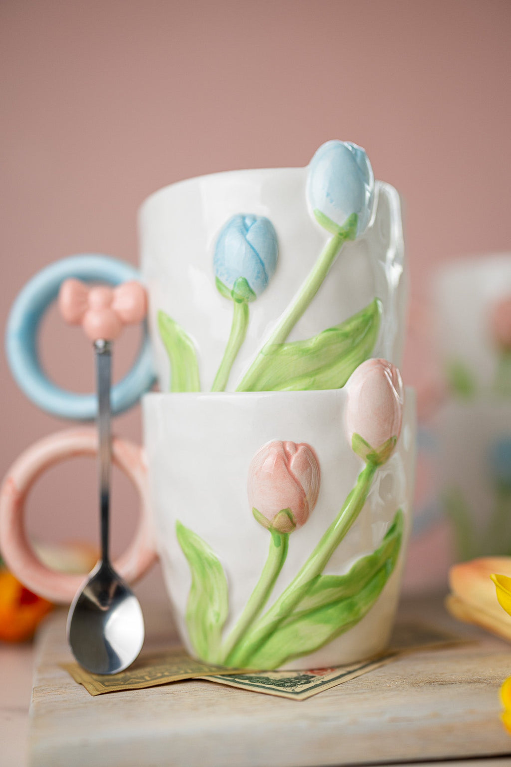 3D Tulip Ceramic Mug & Spoon Gift Set | Hand-Carved Floral Coffee Cup