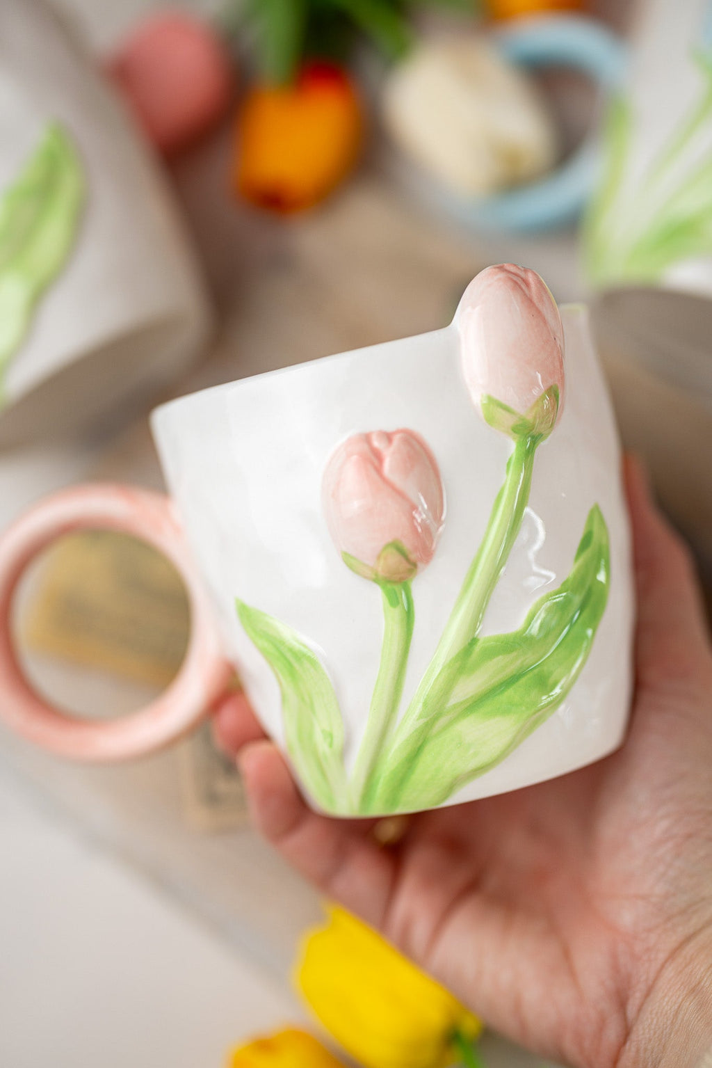 3D Tulip Ceramic Mug & Spoon Gift Set | Hand-Carved Floral Coffee Cup
