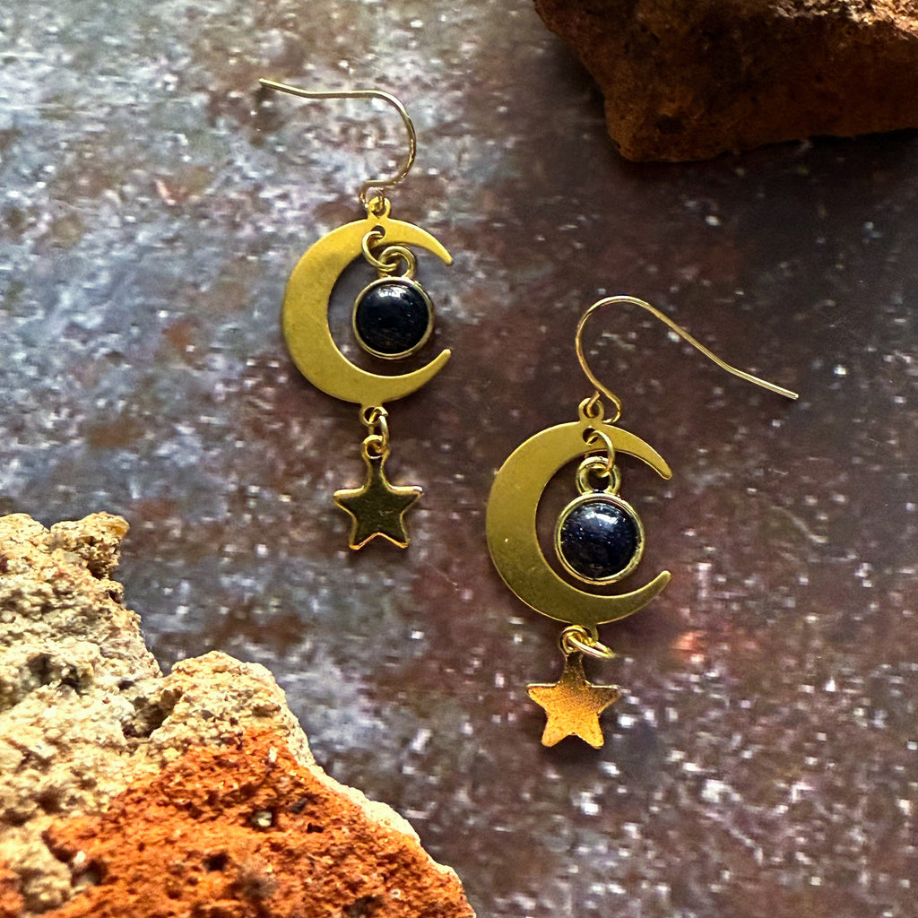 Blue Sandstone Crescent Moon Earrings