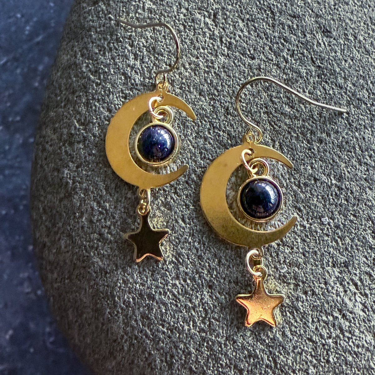 Blue Sandstone Crescent Moon Earrings | Brass Star Dangle