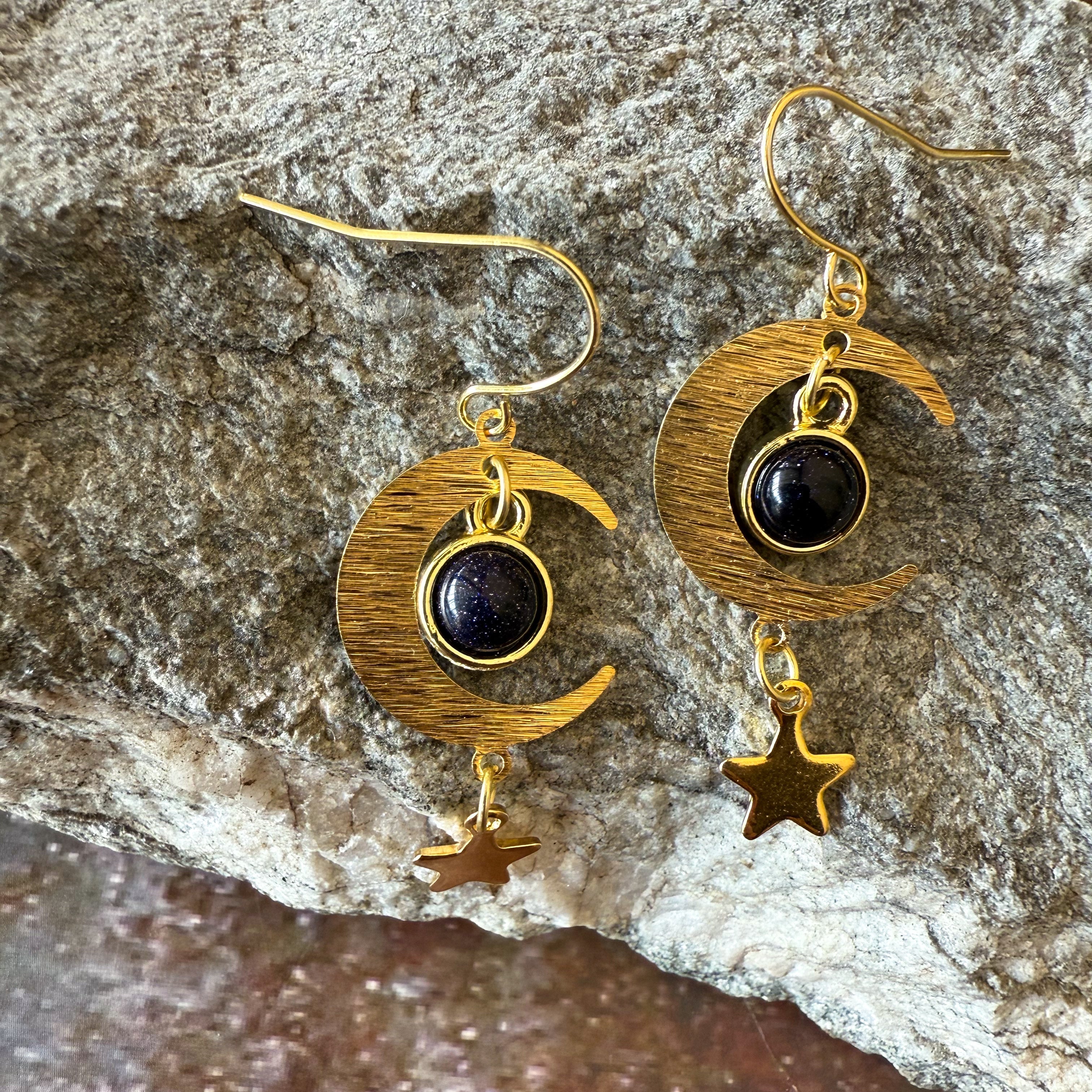 Blue Sandstone Crescent Moon Earrings