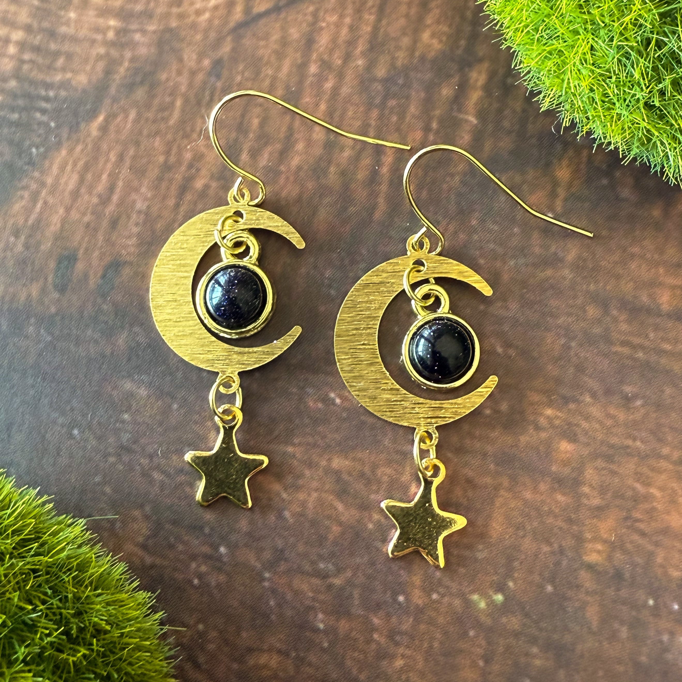 Blue Sandstone Crescent Moon Earrings