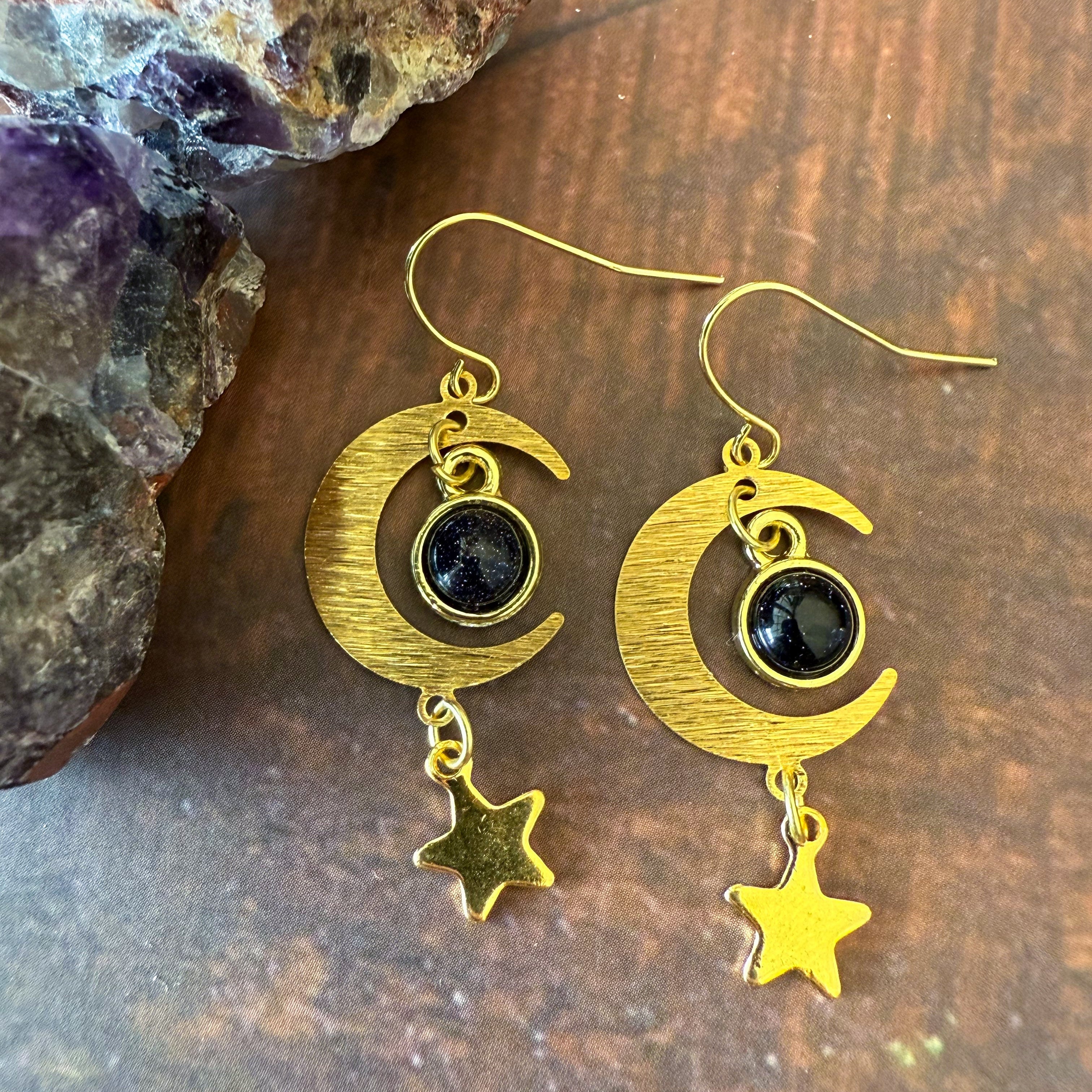 Blue Sandstone Crescent Moon Earrings
