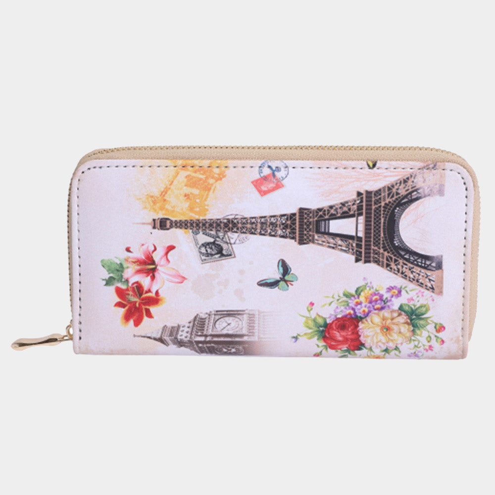 White Eiffel Tower & Big Ben Flower Print Wallet