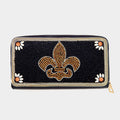 Black Beaded Fleur de Lis Zip Wallet