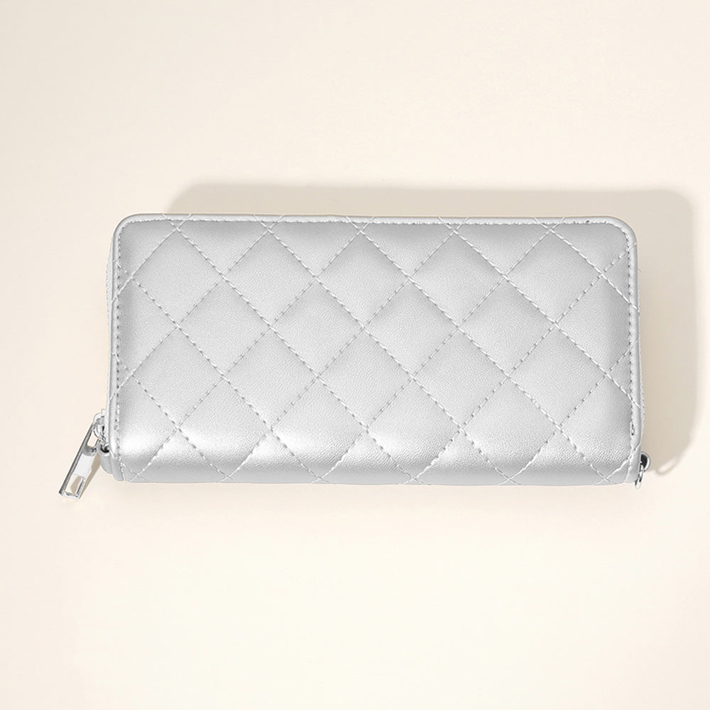 Silver Quilted Faux Leather Wallet with Strap