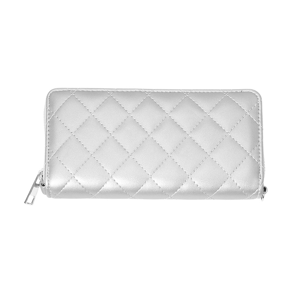 Silver Quilted Faux Leather Wallet with Strap