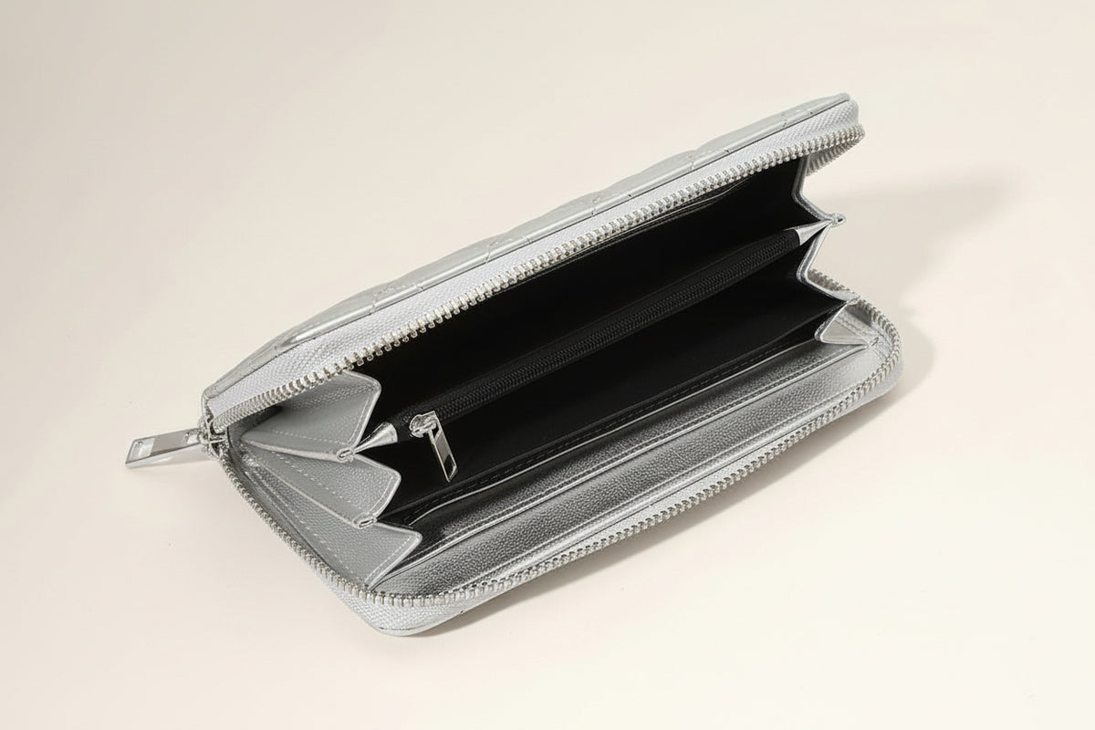 Silver Quilted Faux Leather Wallet with Strap