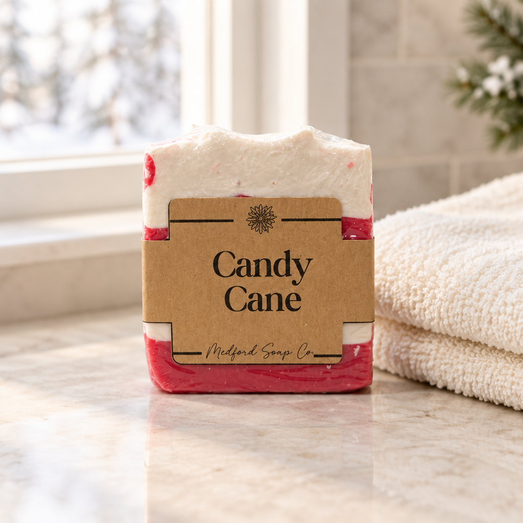 Candy Cane soap on a pale bathroom counter