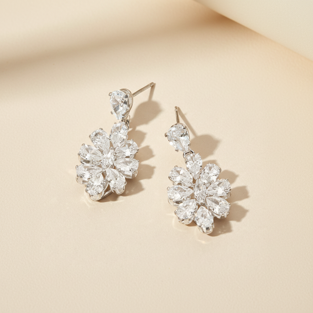 Clear crystal flower dangle earrings on a soft ivory background