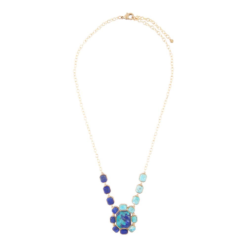 Duality Blue Lapis & Turquoise Square Stone Golden Pendant Necklace