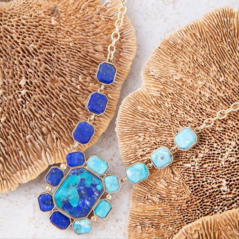 Duality Blue Lapis & Turquoise Square Stone Golden Pendant Necklace
