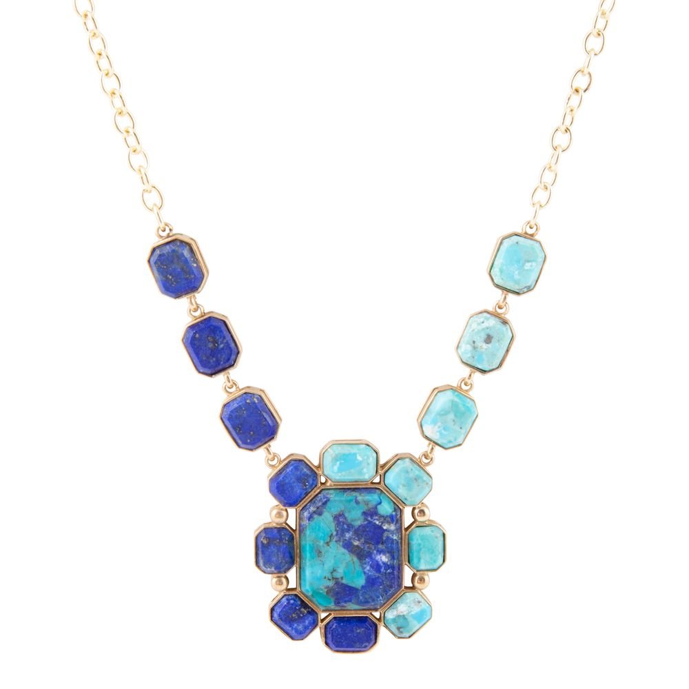 Duality Blue Lapis & Turquoise Square Stone Golden Pendant Necklace