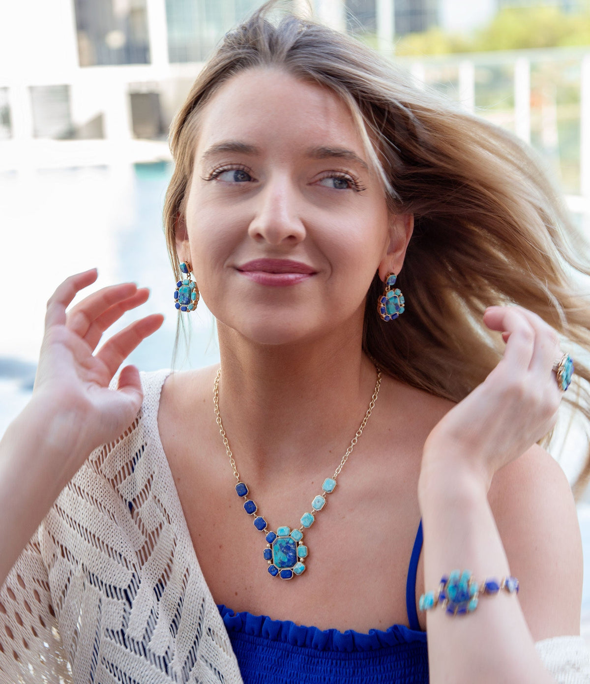 Duality Blue Lapis & Turquoise Square Stone Golden Pendant Necklace