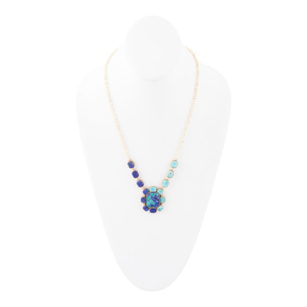 Duality Blue Lapis & Turquoise Square Stone Golden Pendant Necklace