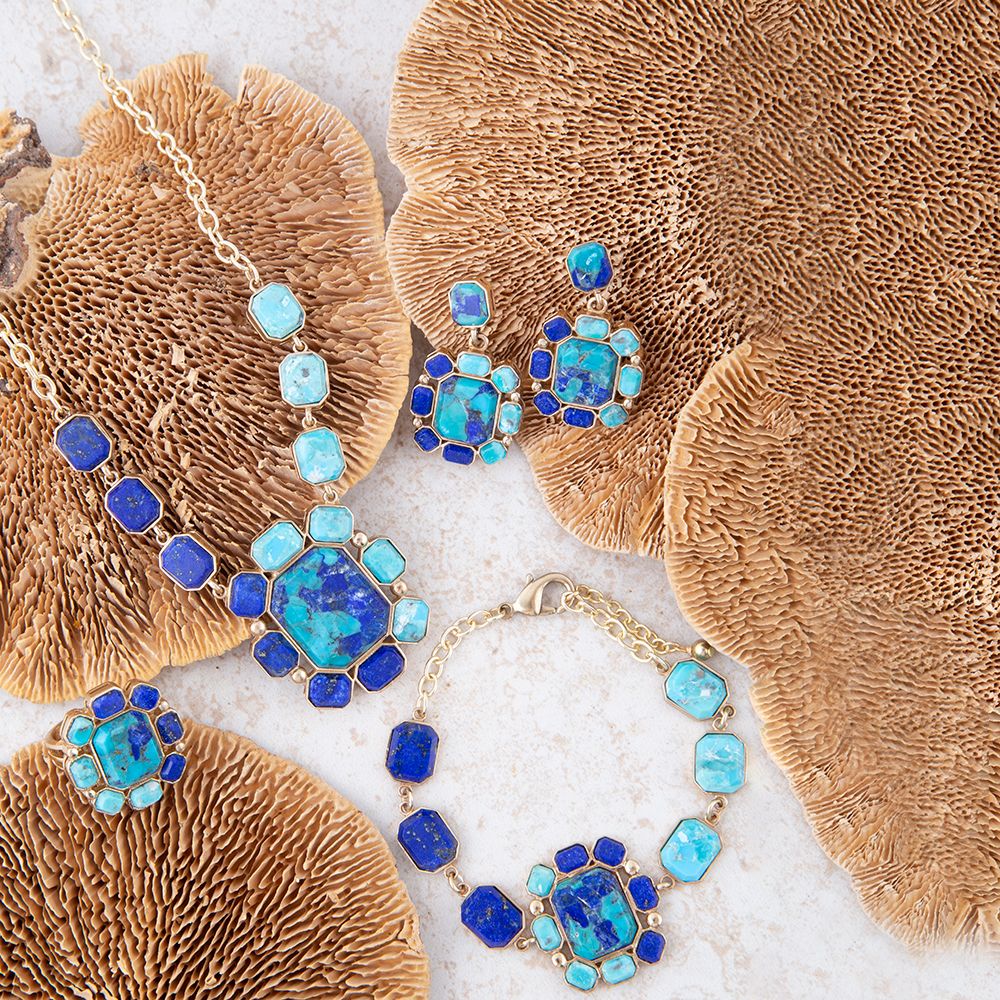 Duality Blue Lapis & Turquoise Square Stone Golden Pendant Necklace
