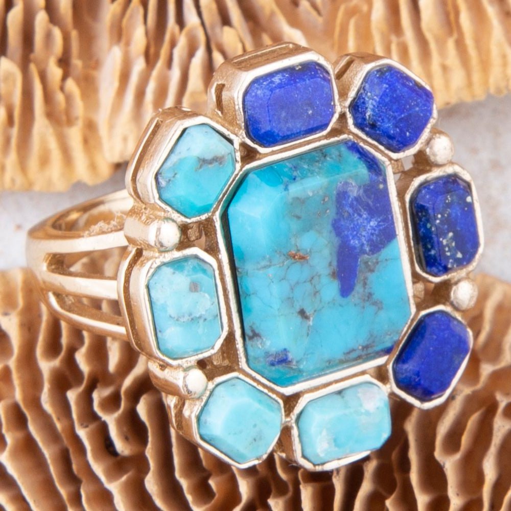 Duality Blue Lapis & Turquoise Square Stone Golden Statement Ring