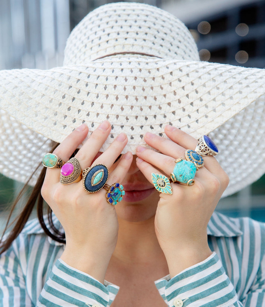 Duality Blue Lapis & Turquoise Square Stone Golden Statement Ring