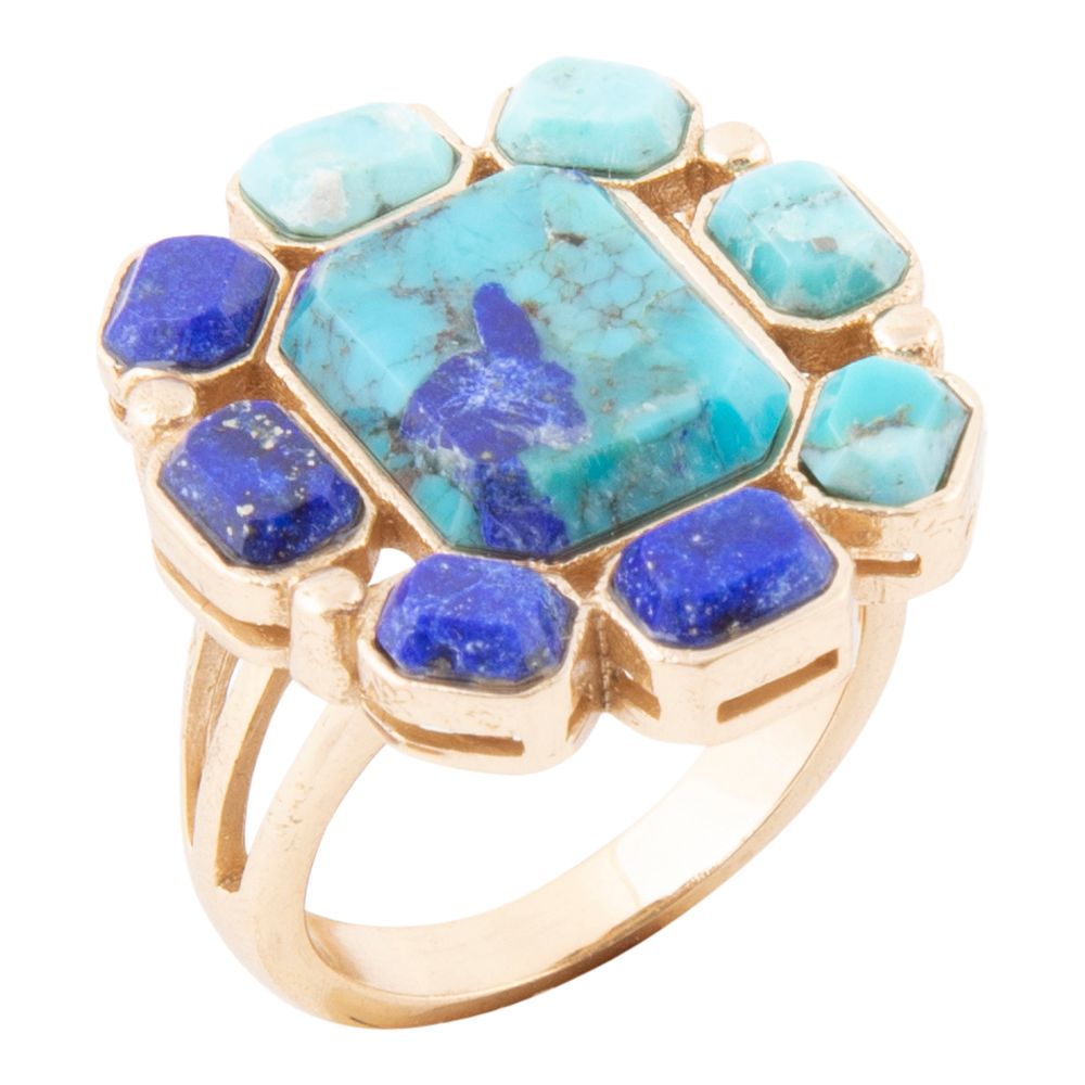 Duality Blue Lapis & Turquoise Square Stone Golden Statement Ring