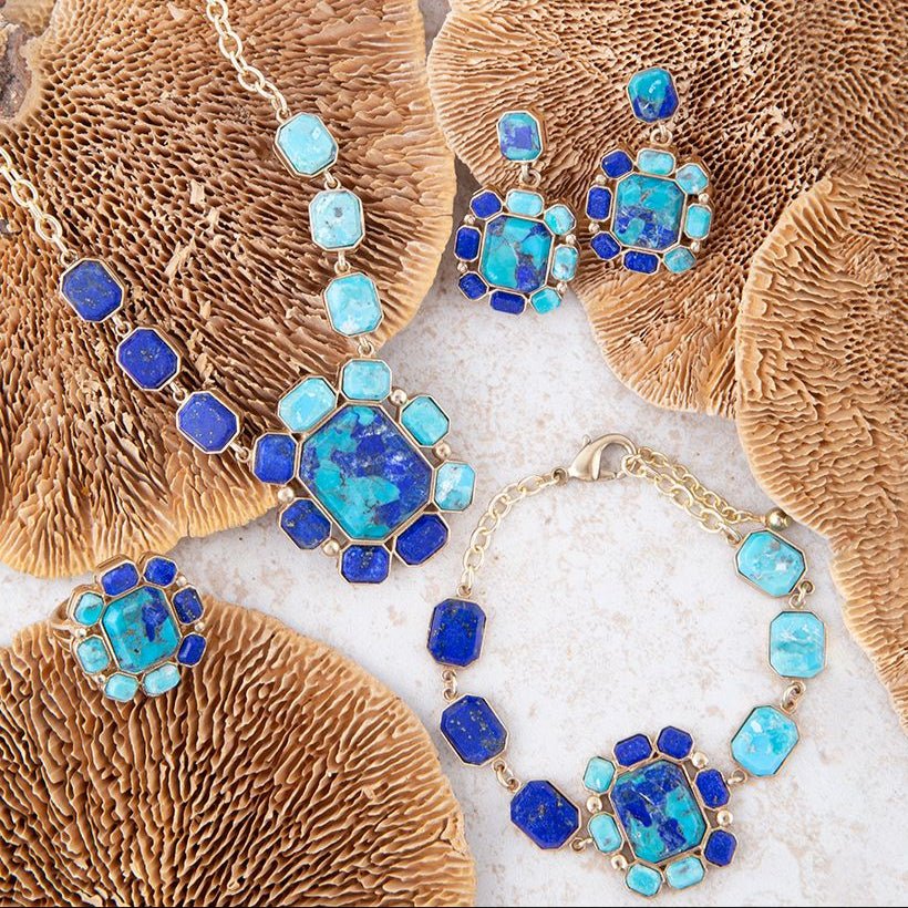 Duality Blue Lapis & Turquoise Square Stone Golden Statement Ring