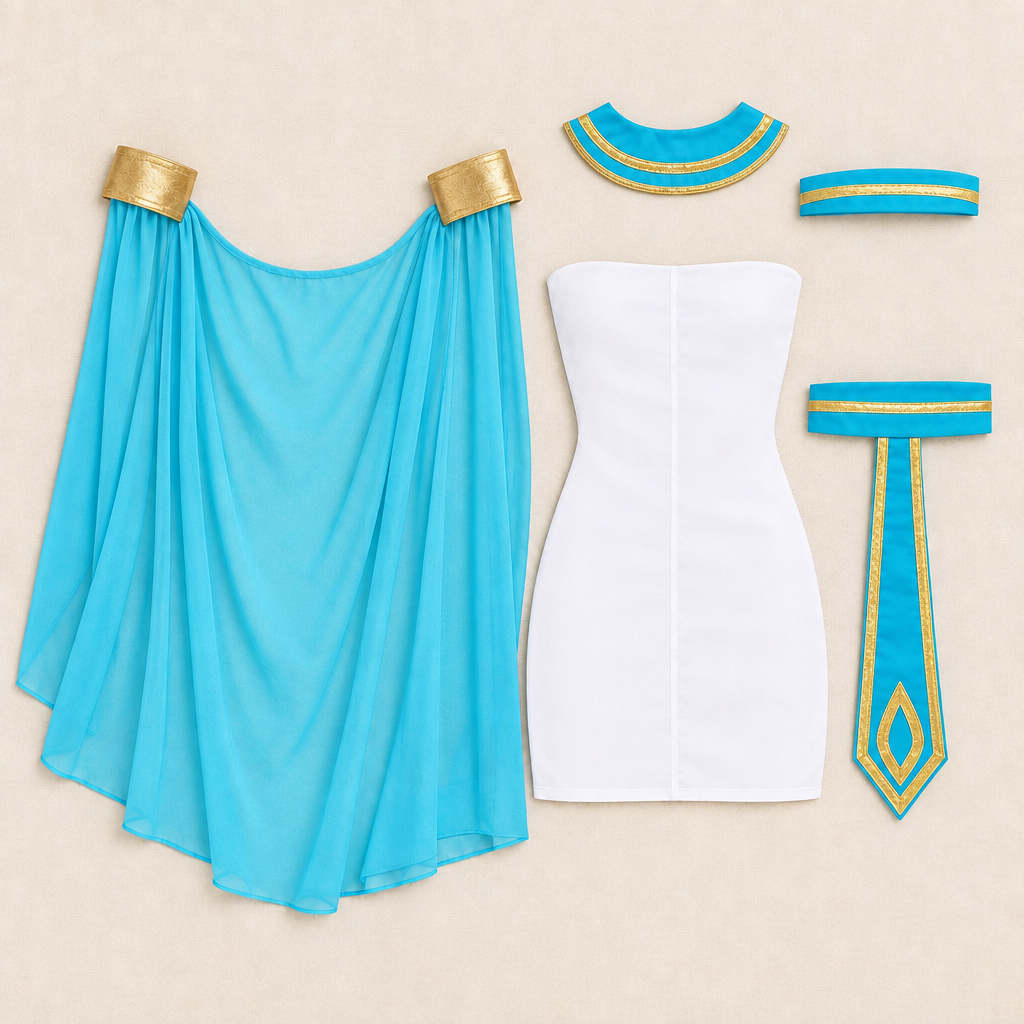 Egyptian costume flat lay revised using belt and neckpiece close-ups