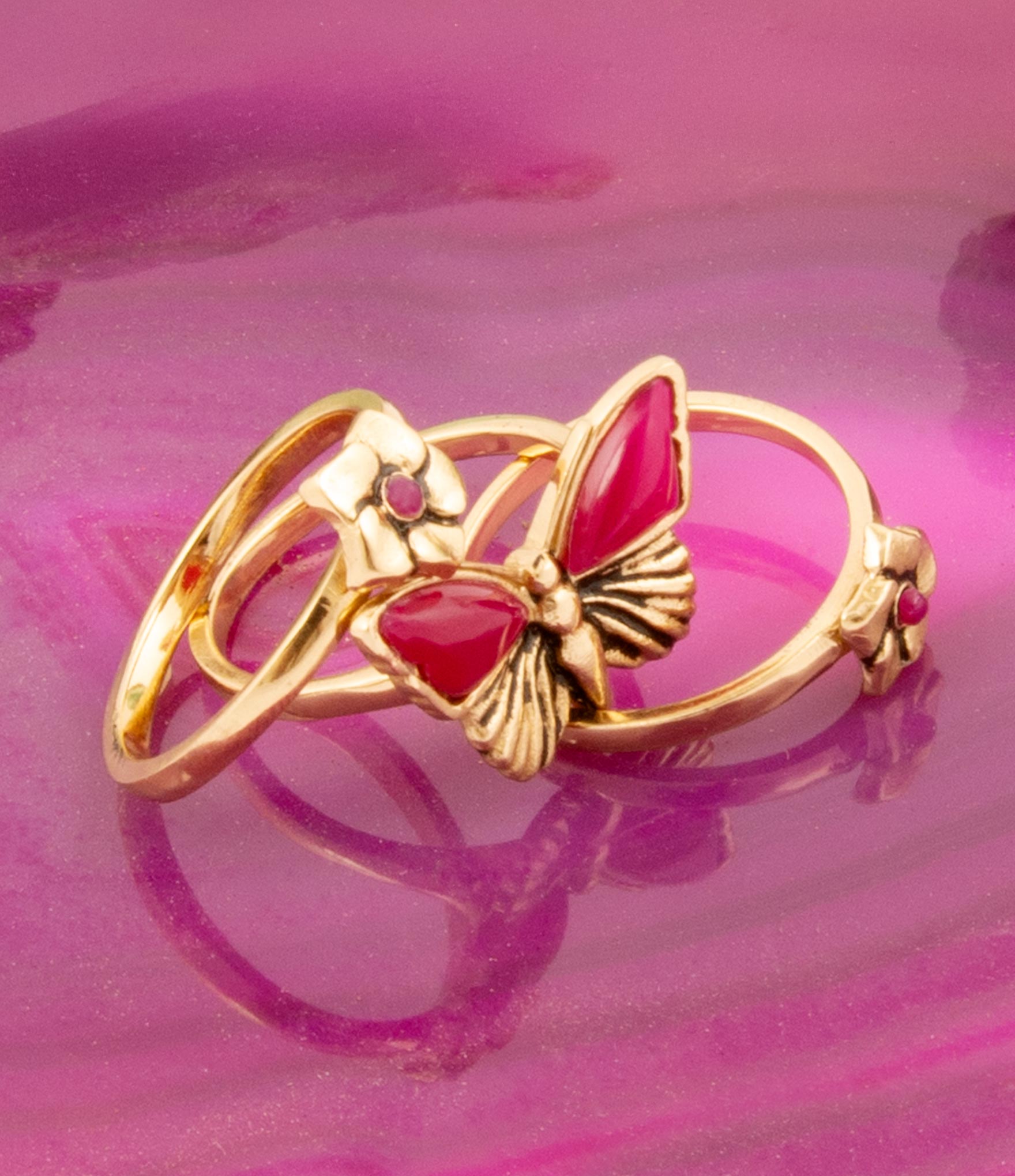 Pink Agate & Gold Butterfly Triple Ring Set | Handcrafted