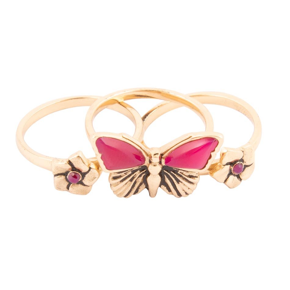Pink Agate & Gold Butterfly Triple Ring Set | Handcrafted