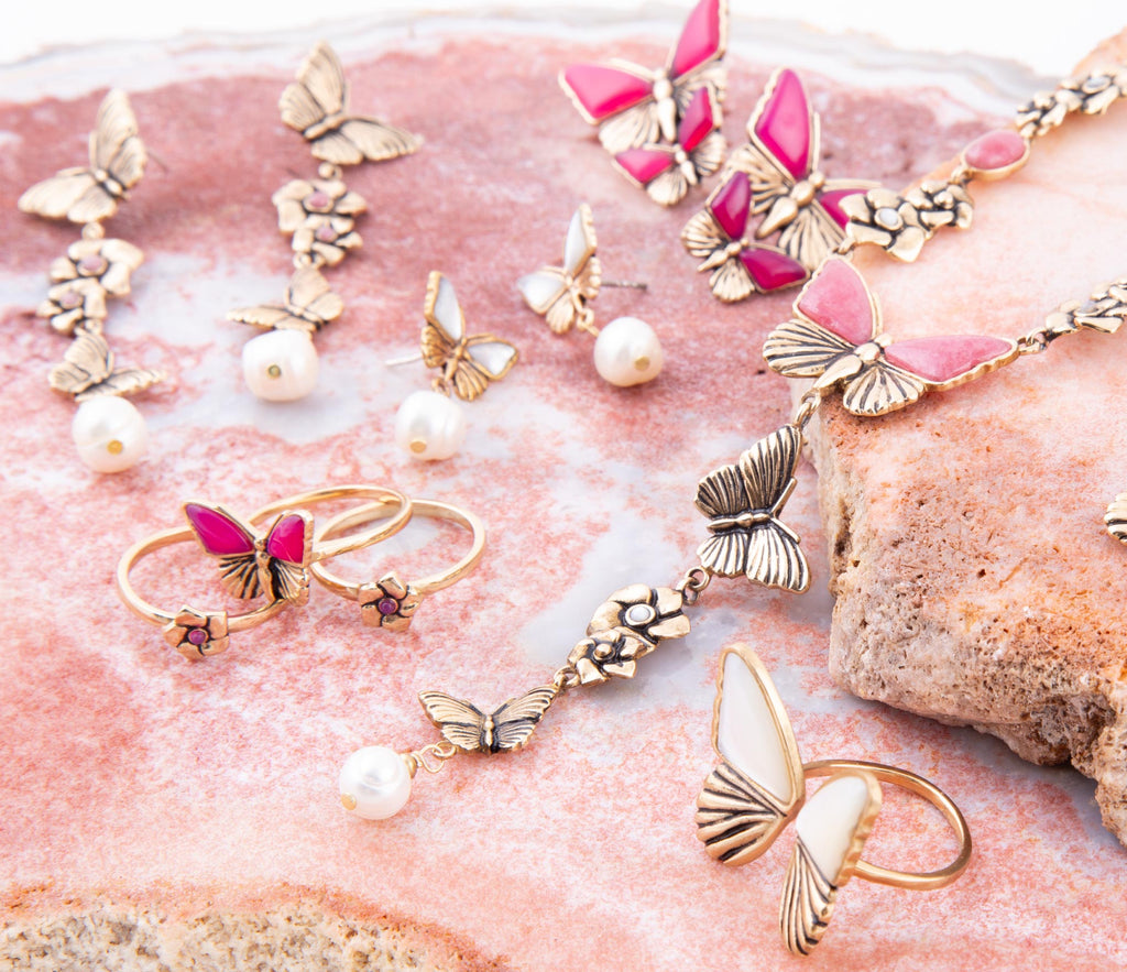 Pink Agate & Gold Butterfly Triple Ring Set | Handcrafted