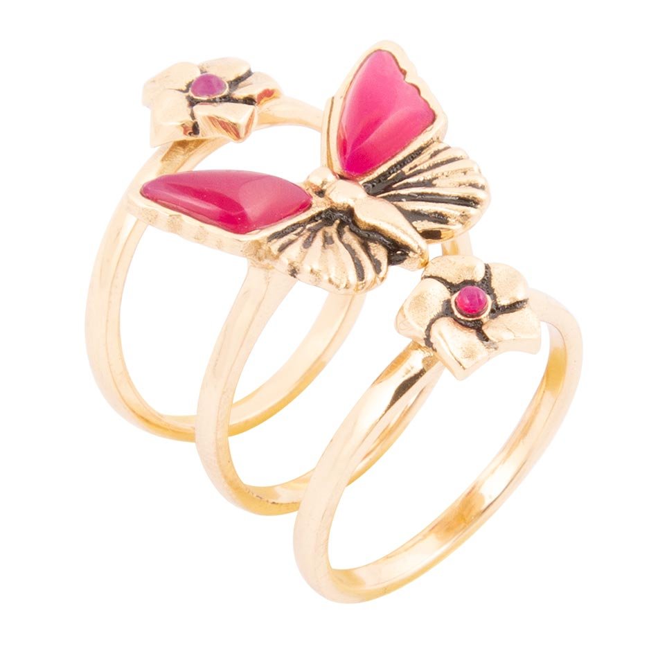 Pink Agate & Gold Butterfly Triple Ring Set | Handcrafted