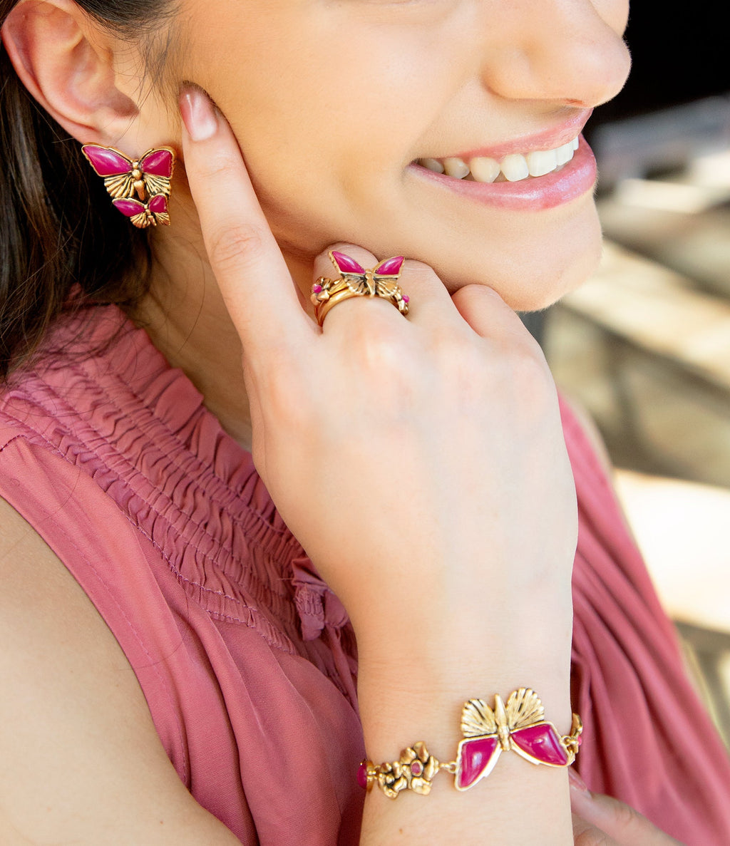 Pink Agate & Gold Butterfly Triple Ring Set | Handcrafted